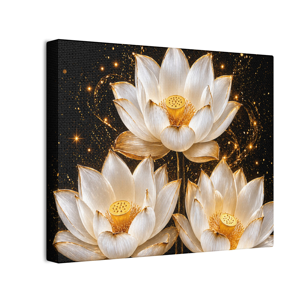 Gold and White Triple Lotus Floral Canvas Wall Art - Stretched 0.75"