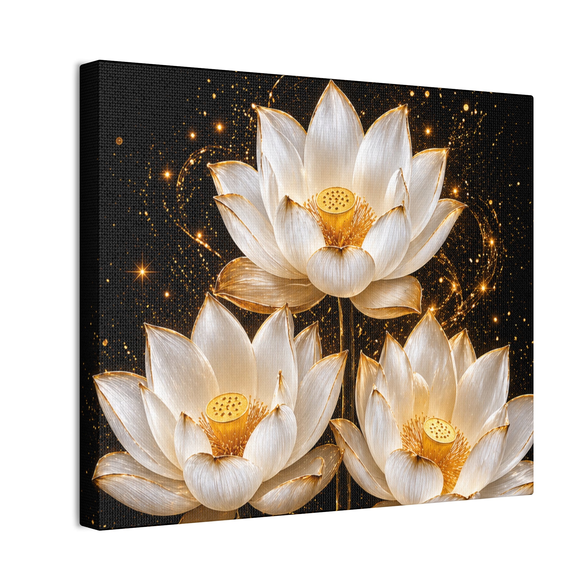 Gold and White Triple Lotus Floral Canvas Wall Art - Stretched 0.75"