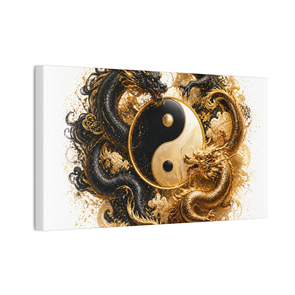 Yin Yang Dragons Canvas Wall Art — Gold & Black Chinese Dragon Print