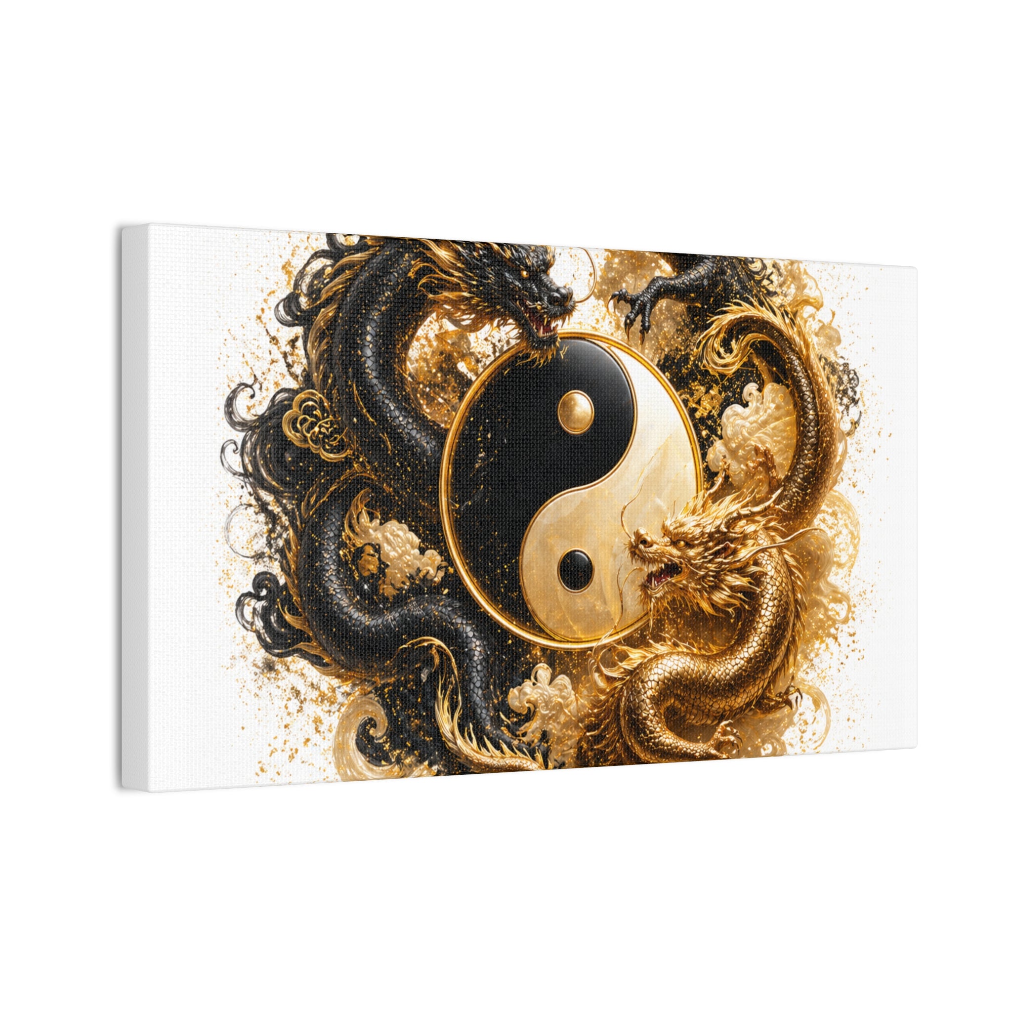 Yin Yang Dragons Canvas Wall Art — Gold & Black Chinese Dragon Print