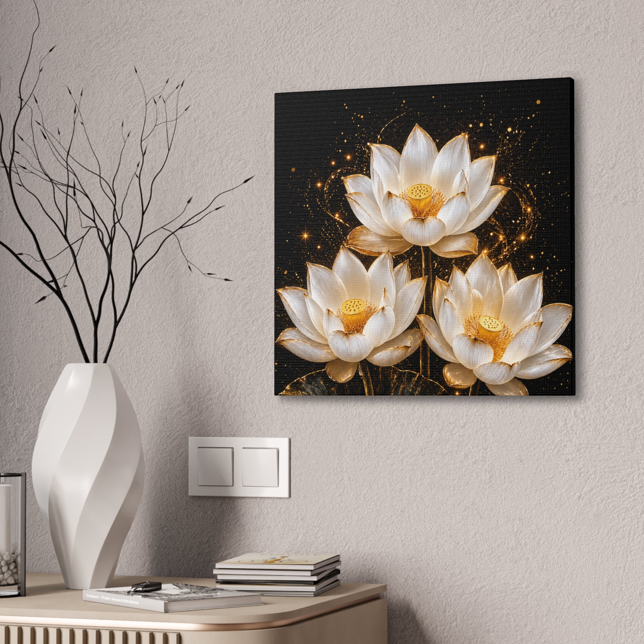 Gold and White Triple Lotus Floral Canvas Wall Art - Stretched 0.75"