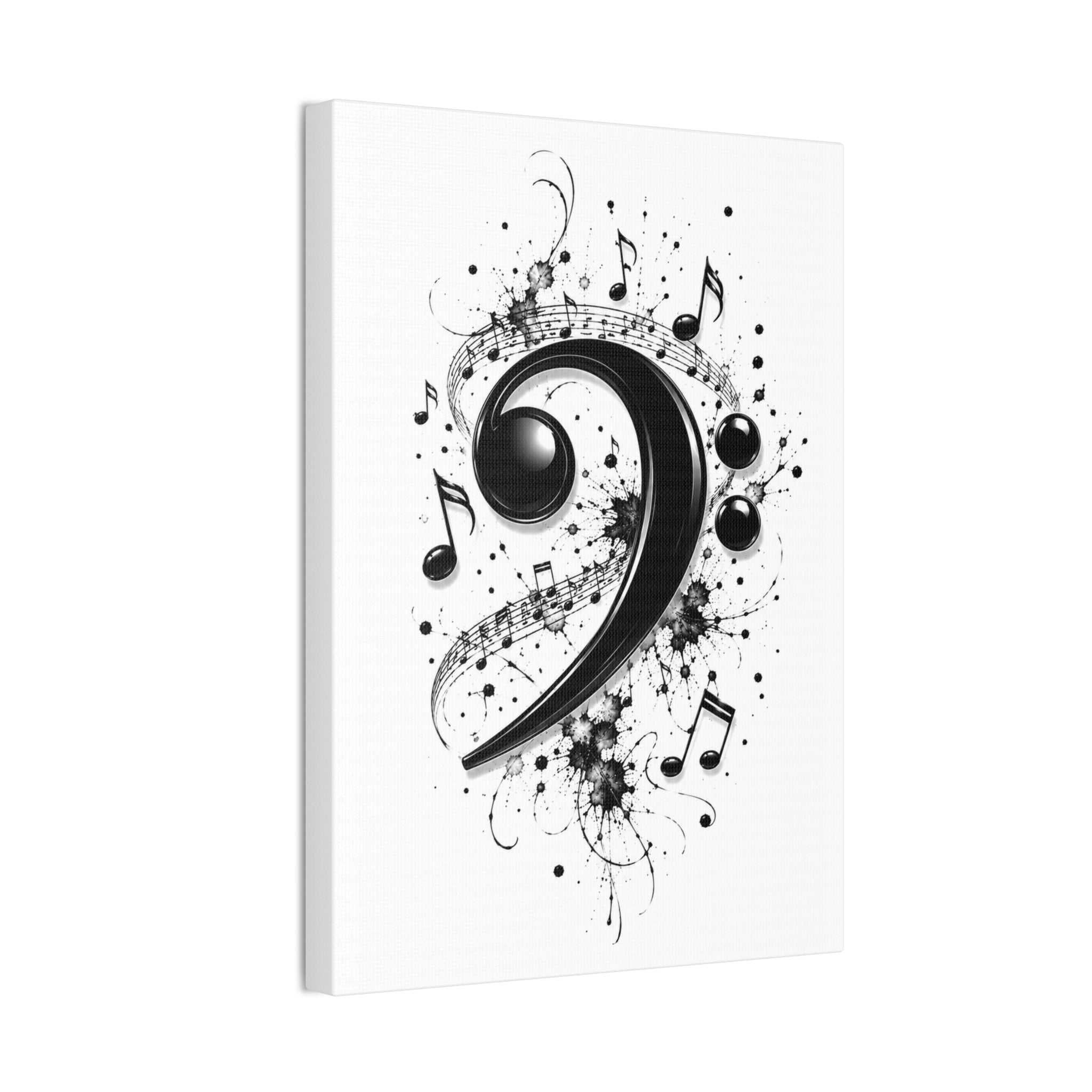 Bass Clef Music Canvas Wall Art — Black & White Musical Notes Print