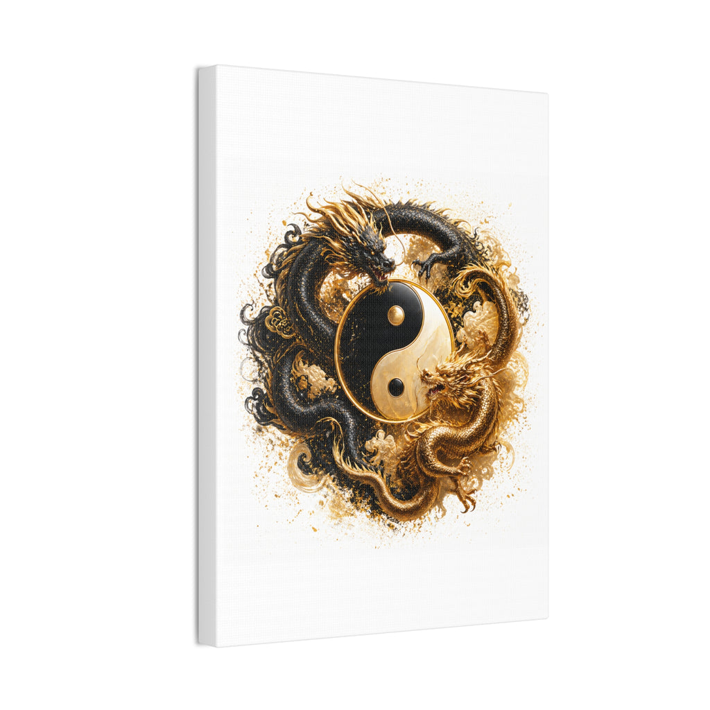 Yin Yang Dragons Canvas Wall Art — Gold & Black Chinese Dragon Print
