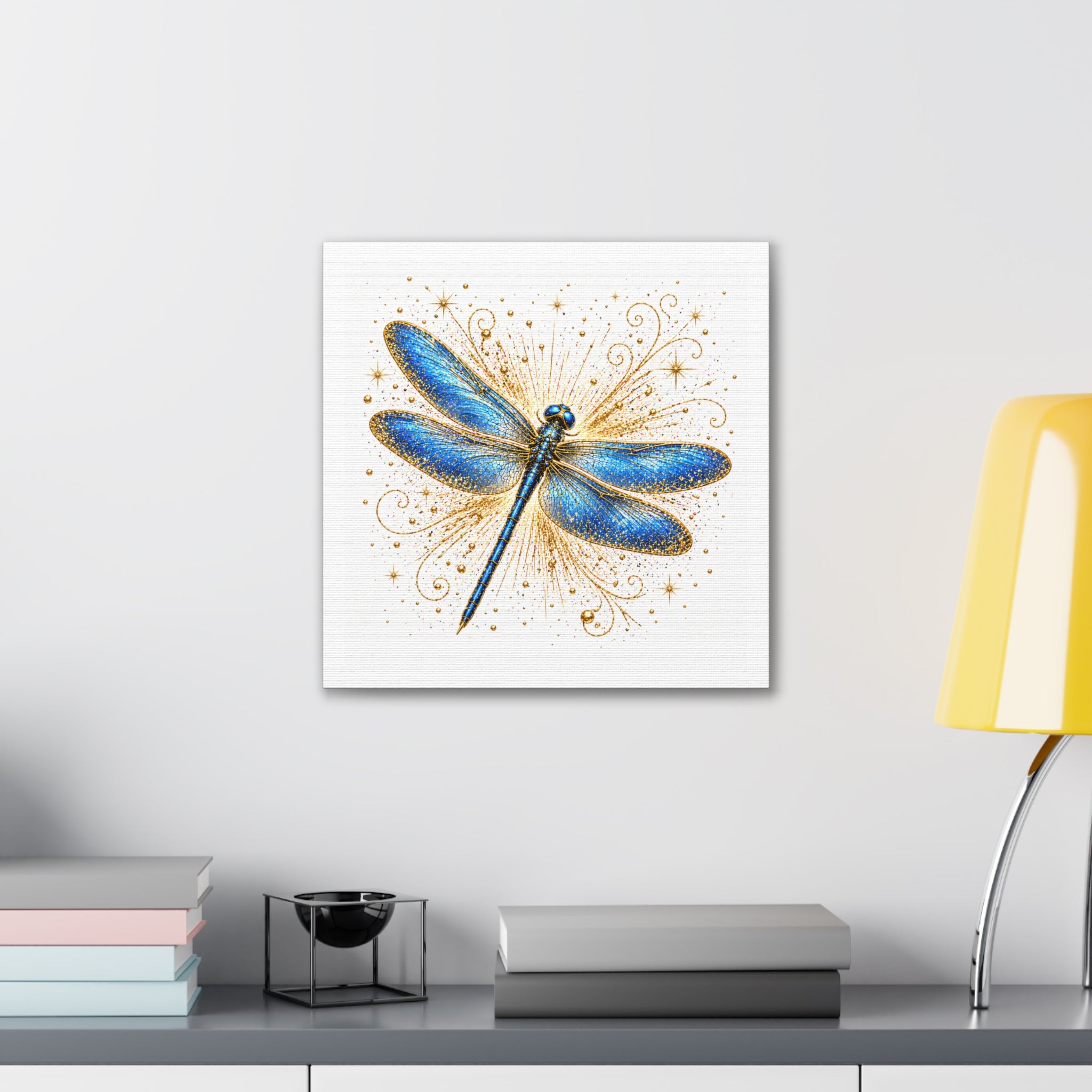 Blue Dragonfly Canvas Wall Art - Sparkling Gold Accents, Stretched 0.75"