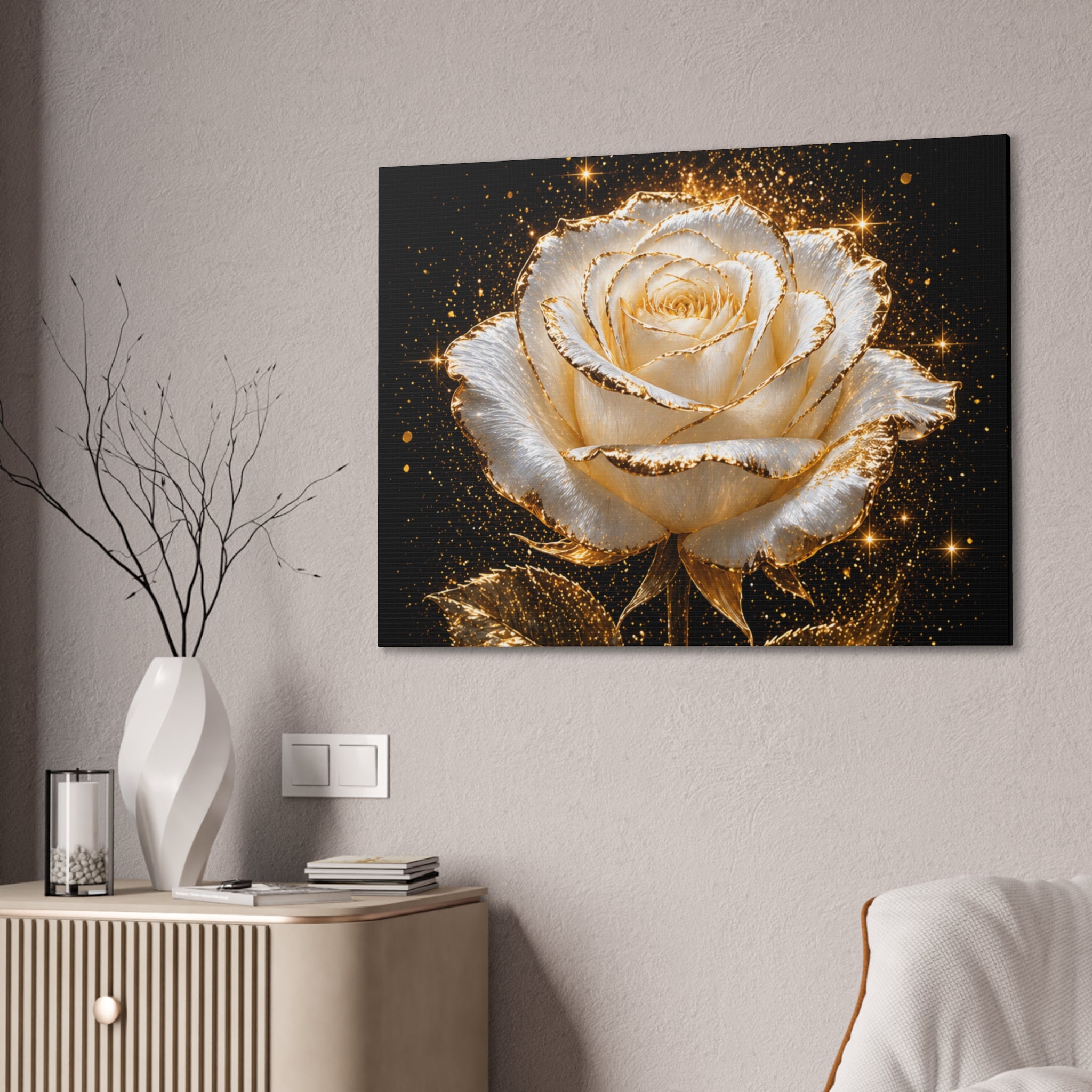 Golden Sparkle Rose Canvas Print — Glam Floral Wall Art