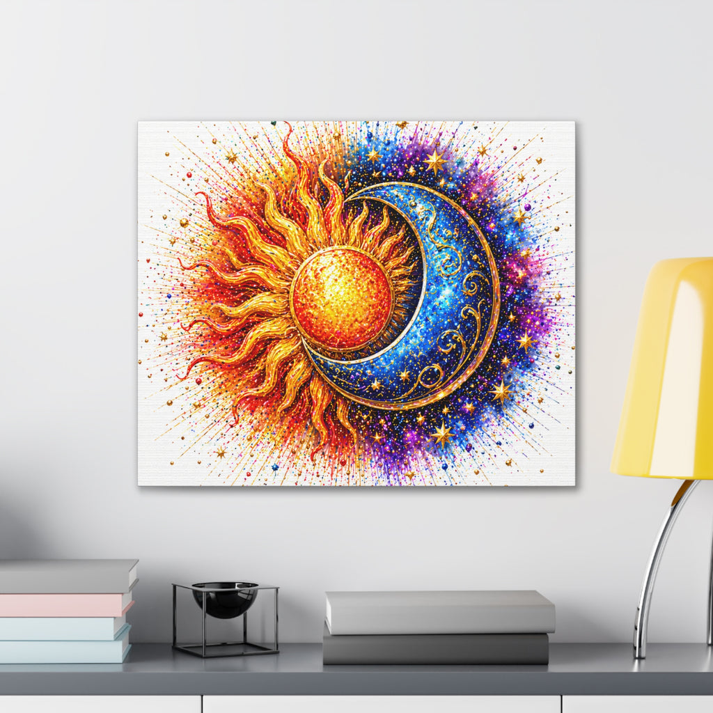 Sun and Moon Wall Art Canvas – Vibrant Celestial Sun & Crescent Moon Stretched Canvas