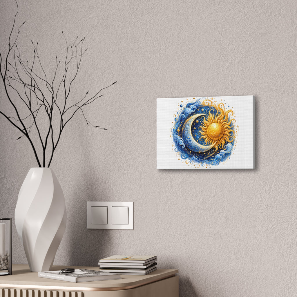 Sun and Moon Wall Art Canvas — Celestial Sun & Crescent Moon Stretched Canvas