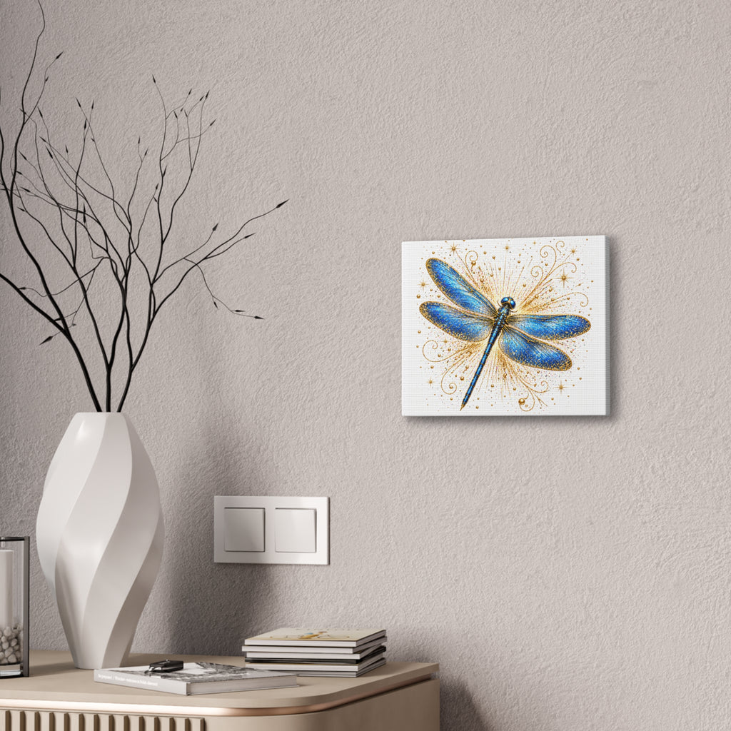 Blue Dragonfly Canvas Wall Art - Sparkling Gold Accents, Stretched 0.75"