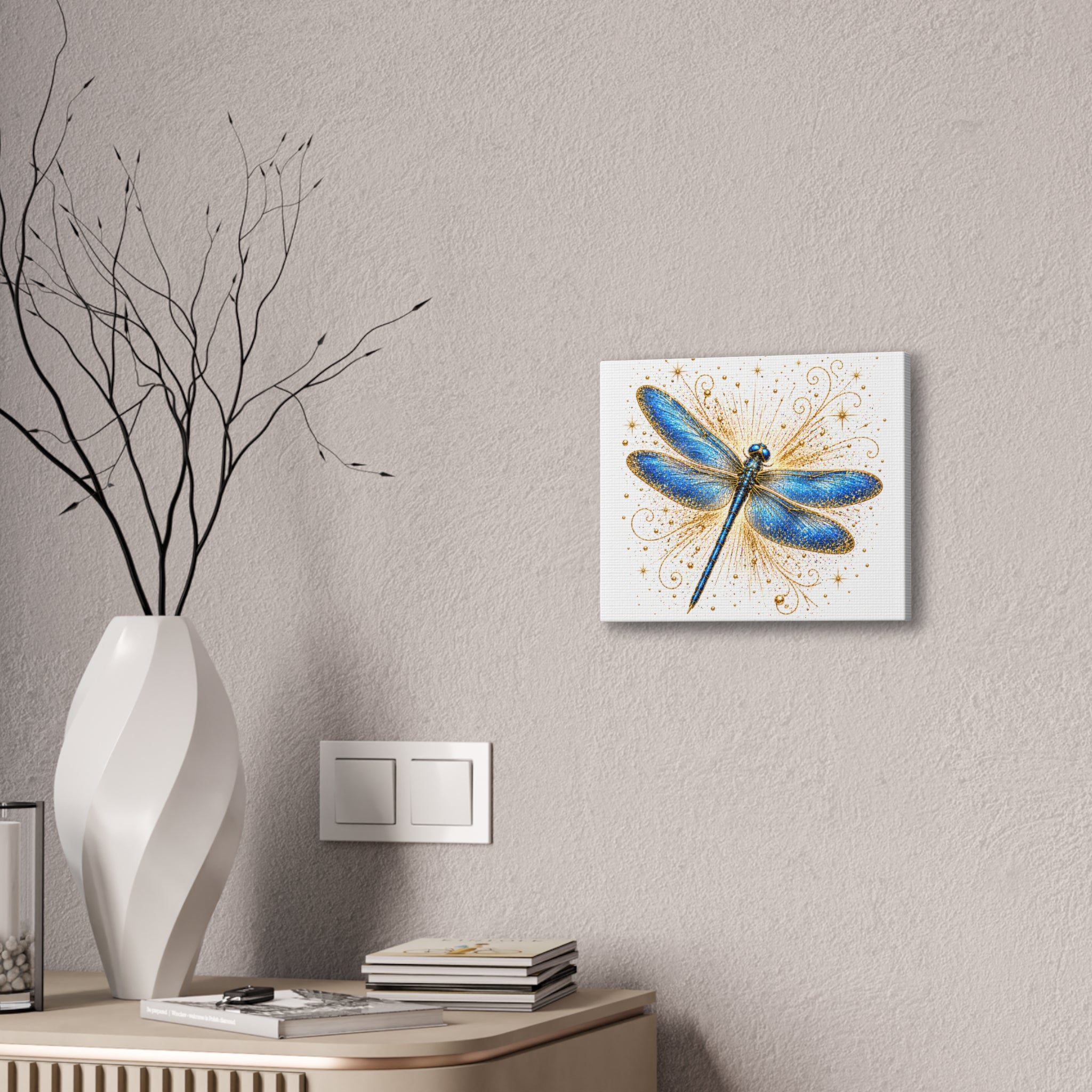 Blue Dragonfly Canvas Wall Art - Sparkling Gold Accents, Stretched 0.75"