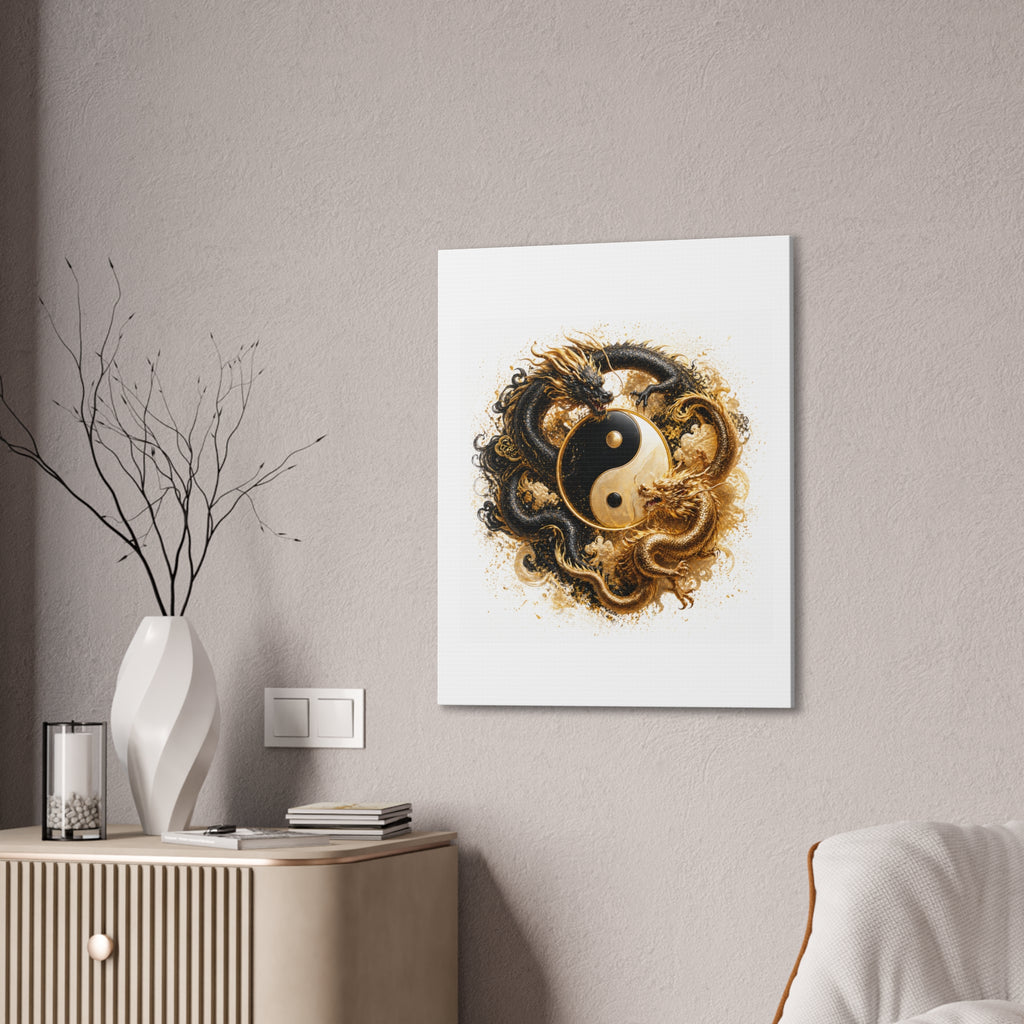 Yin Yang Dragons Canvas Wall Art — Gold & Black Chinese Dragon Print