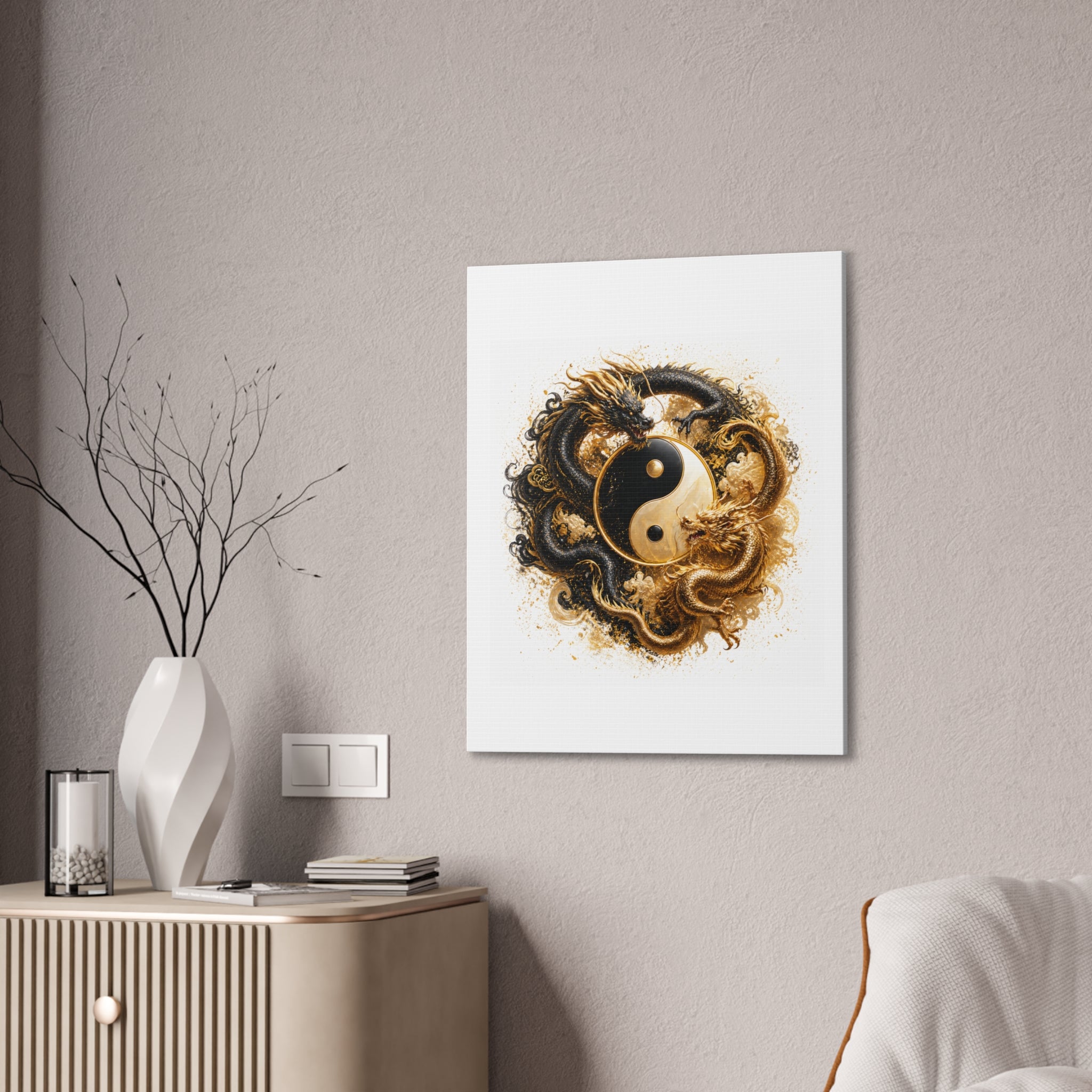 Yin Yang Dragons Canvas Wall Art — Gold & Black Chinese Dragon Print