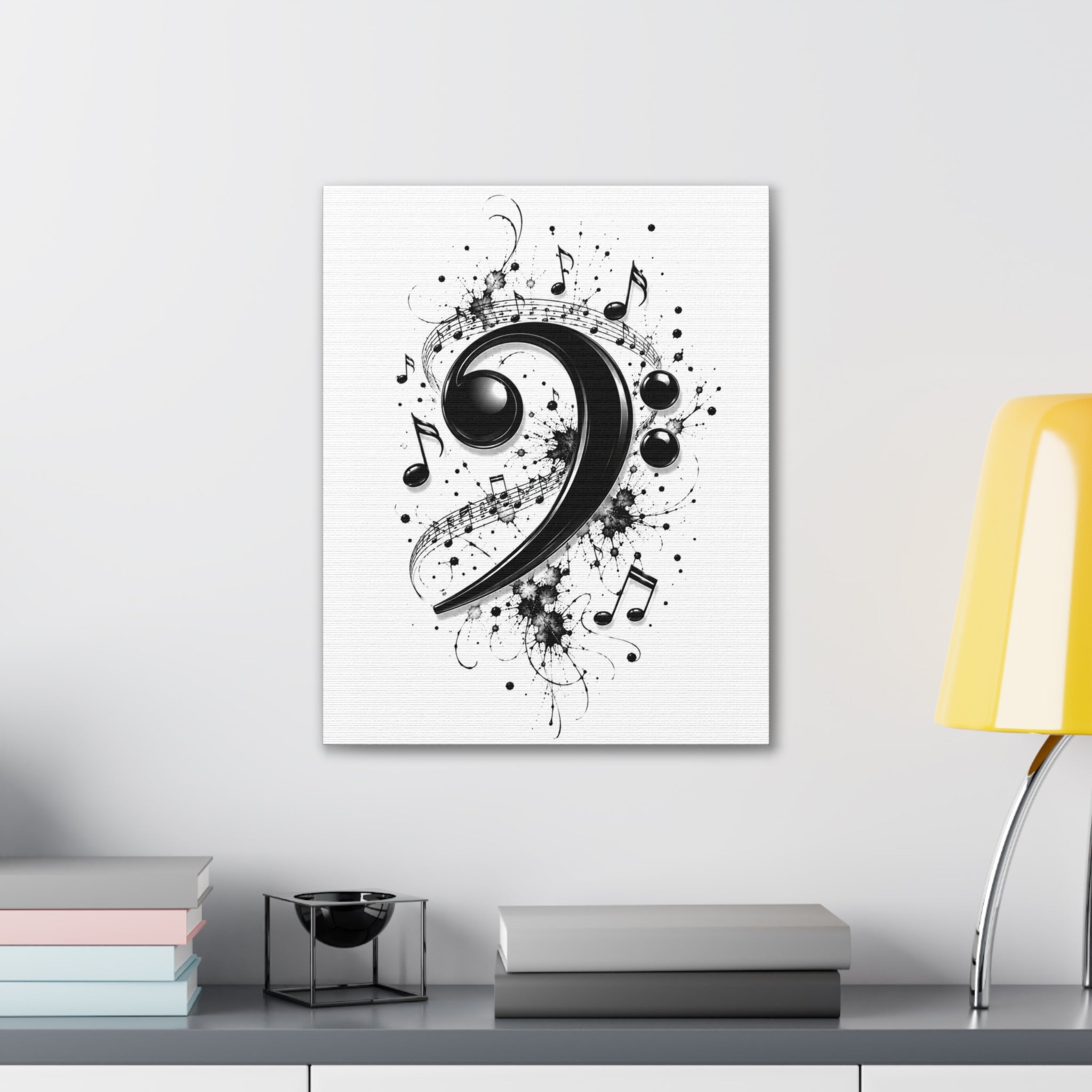 Bass Clef Music Canvas Wall Art — Black & White Musical Notes Print