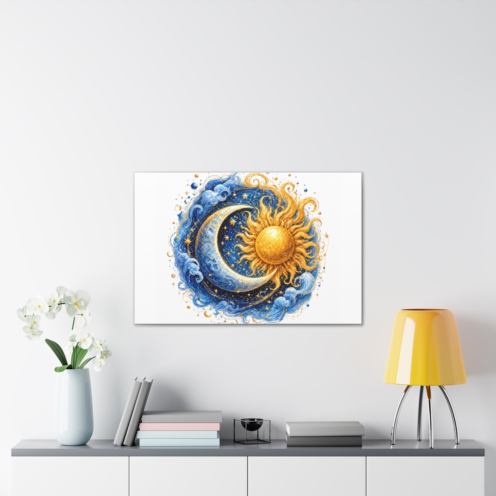 Sun and Moon Wall Art Canvas — Celestial Sun & Crescent Moon Stretched Canvas