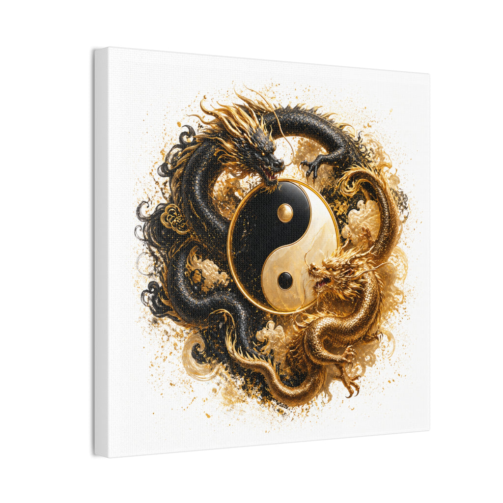 Yin Yang Dragons Canvas Wall Art — Gold & Black Chinese Dragon Print