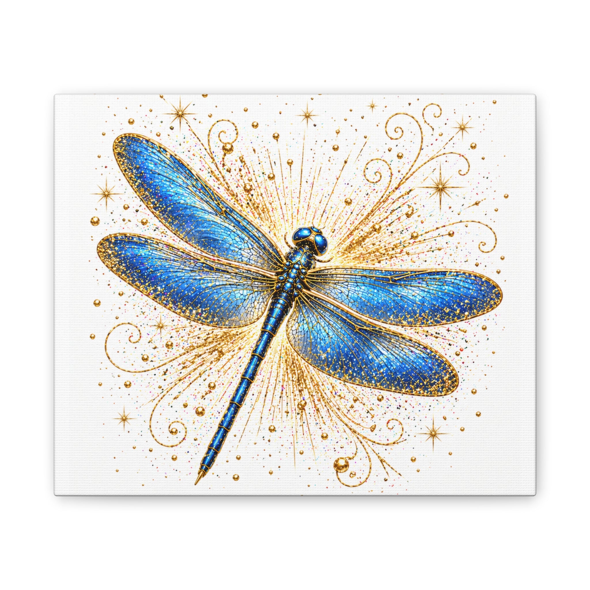 Blue Dragonfly Canvas Wall Art - Sparkling Gold Accents, Stretched 0.75"