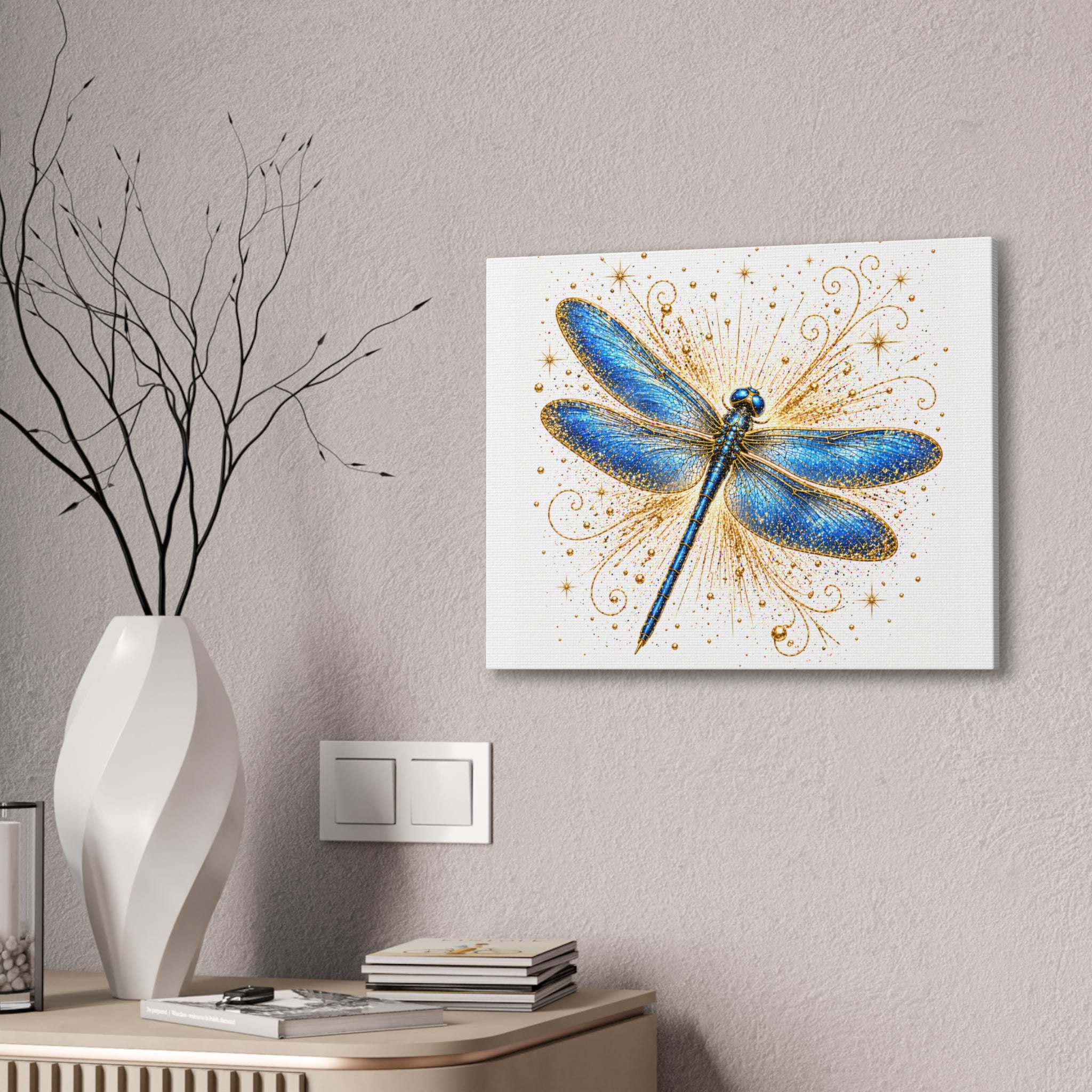 Blue Dragonfly Canvas Wall Art - Sparkling Gold Accents, Stretched 0.75"