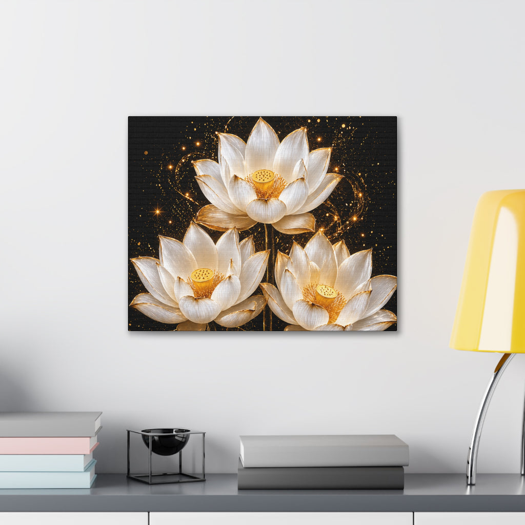 Gold and White Triple Lotus Floral Canvas Wall Art - Stretched 0.75"