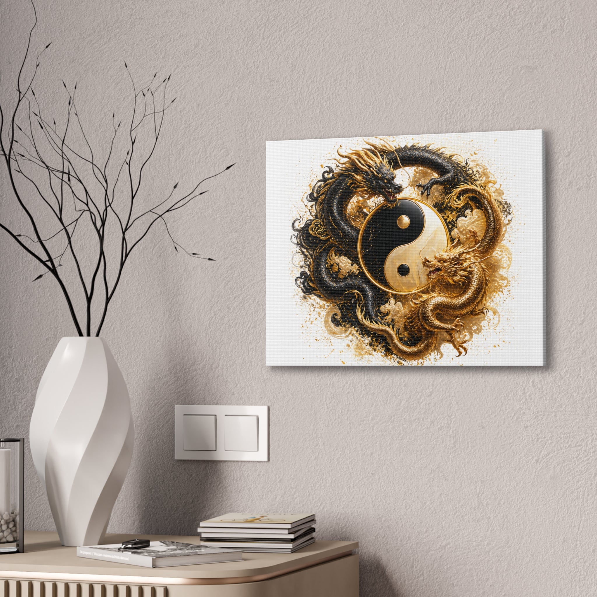Yin Yang Dragons Canvas Wall Art — Gold & Black Chinese Dragon Print