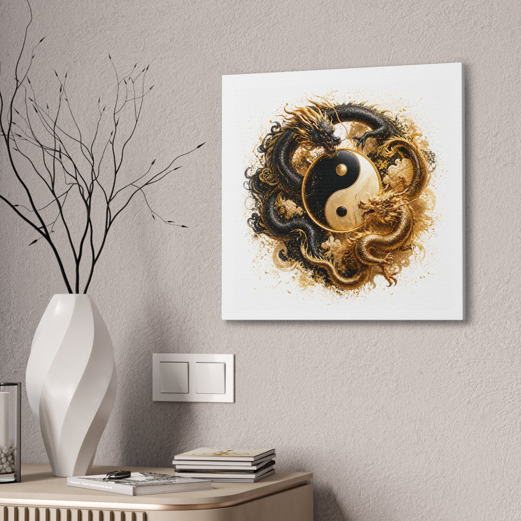 Yin Yang Dragons Canvas Wall Art — Gold & Black Chinese Dragon Print