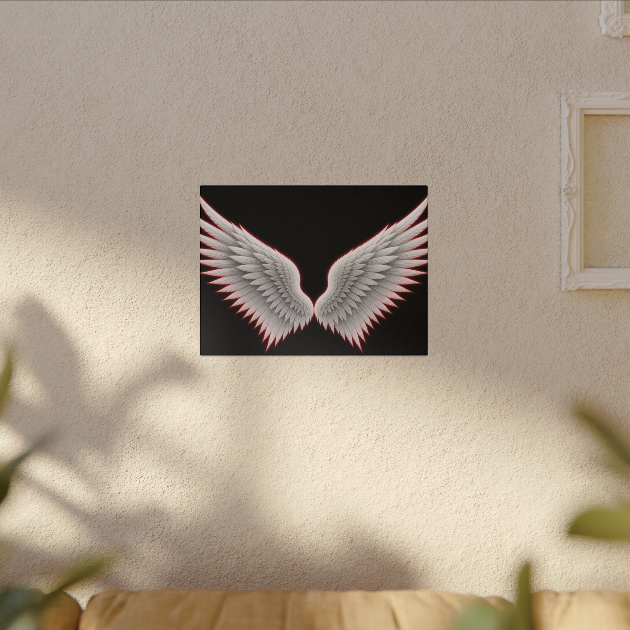 Angel Wings Wall Art Canvas — White Feather Wings on Black Matte Stretched Canvas