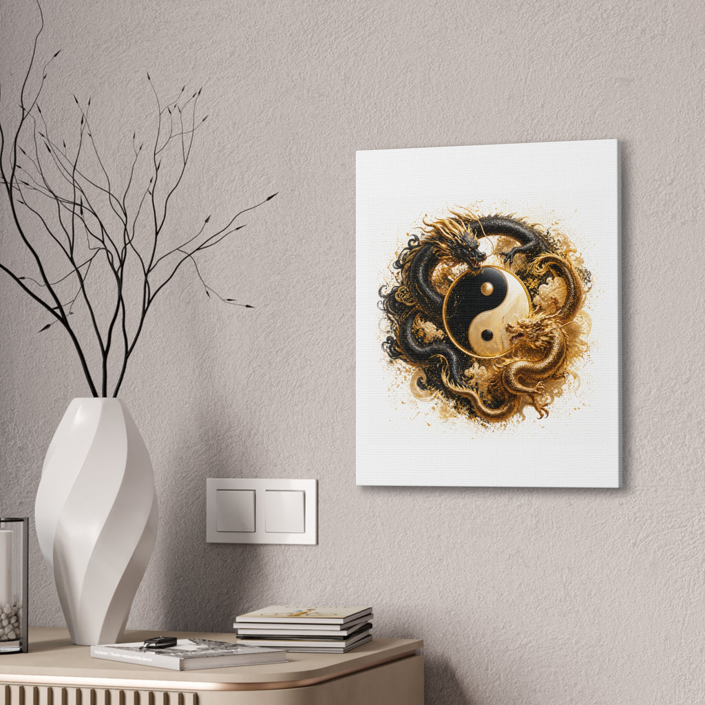 Yin Yang Dragons Canvas Wall Art — Gold & Black Chinese Dragon Print