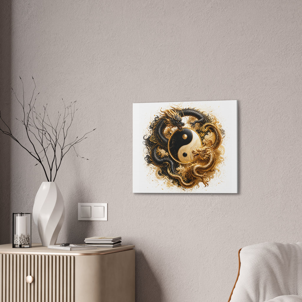 Yin Yang Dragons Canvas Wall Art — Gold & Black Chinese Dragon Print