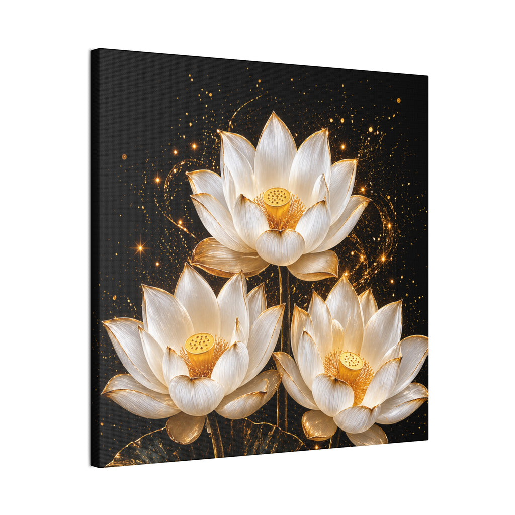 Gold and White Triple Lotus Floral Canvas Wall Art - Stretched 0.75"