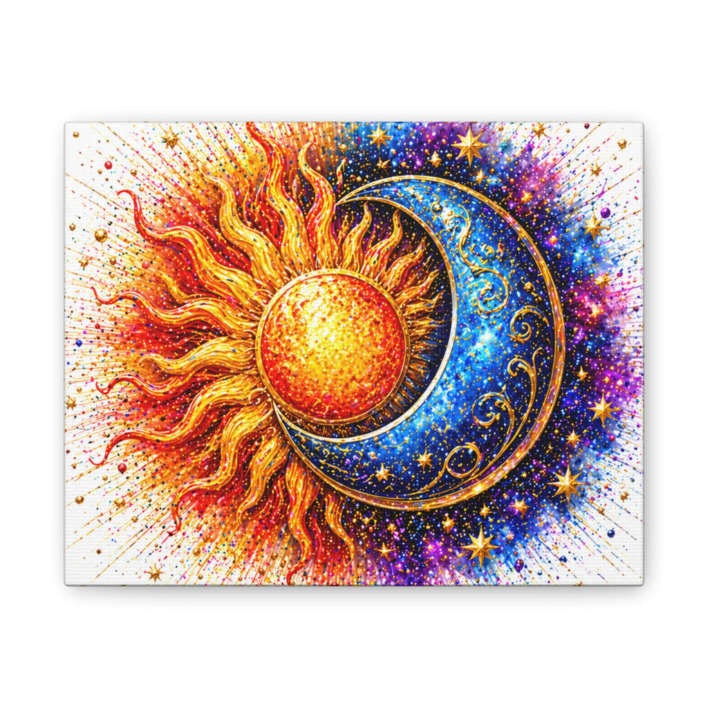 Sun and Moon Wall Art Canvas – Vibrant Celestial Sun & Crescent Moon Stretched Canvas