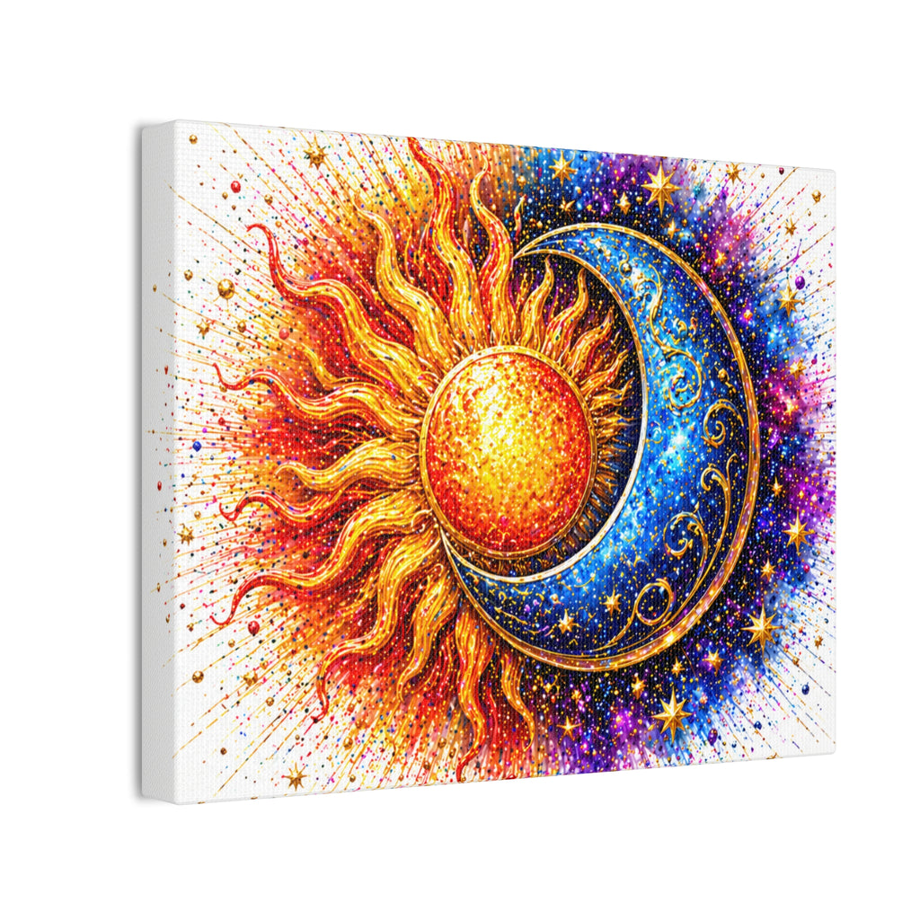 Sun and Moon Wall Art Canvas – Vibrant Celestial Sun & Crescent Moon Stretched Canvas