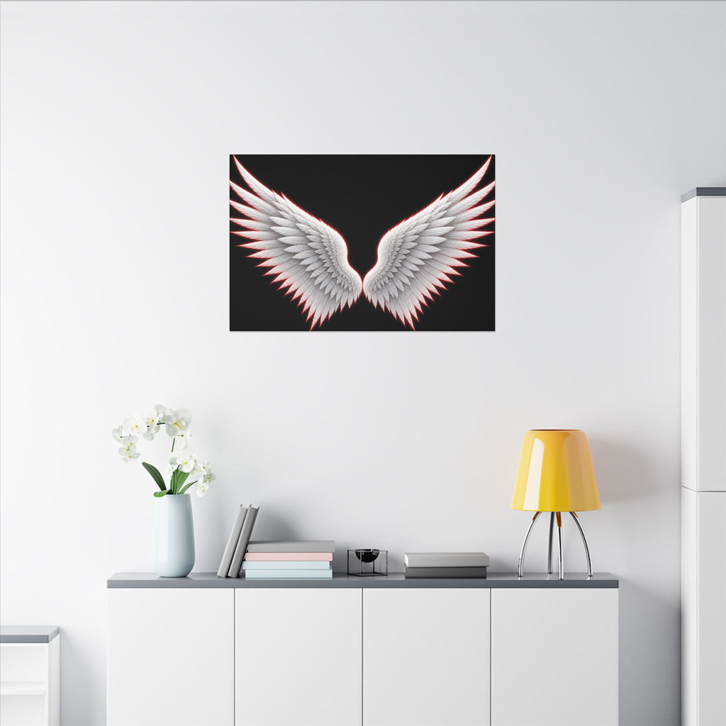 Angel Wings Wall Art Canvas — White Feather Wings on Black Matte Stretched Canvas