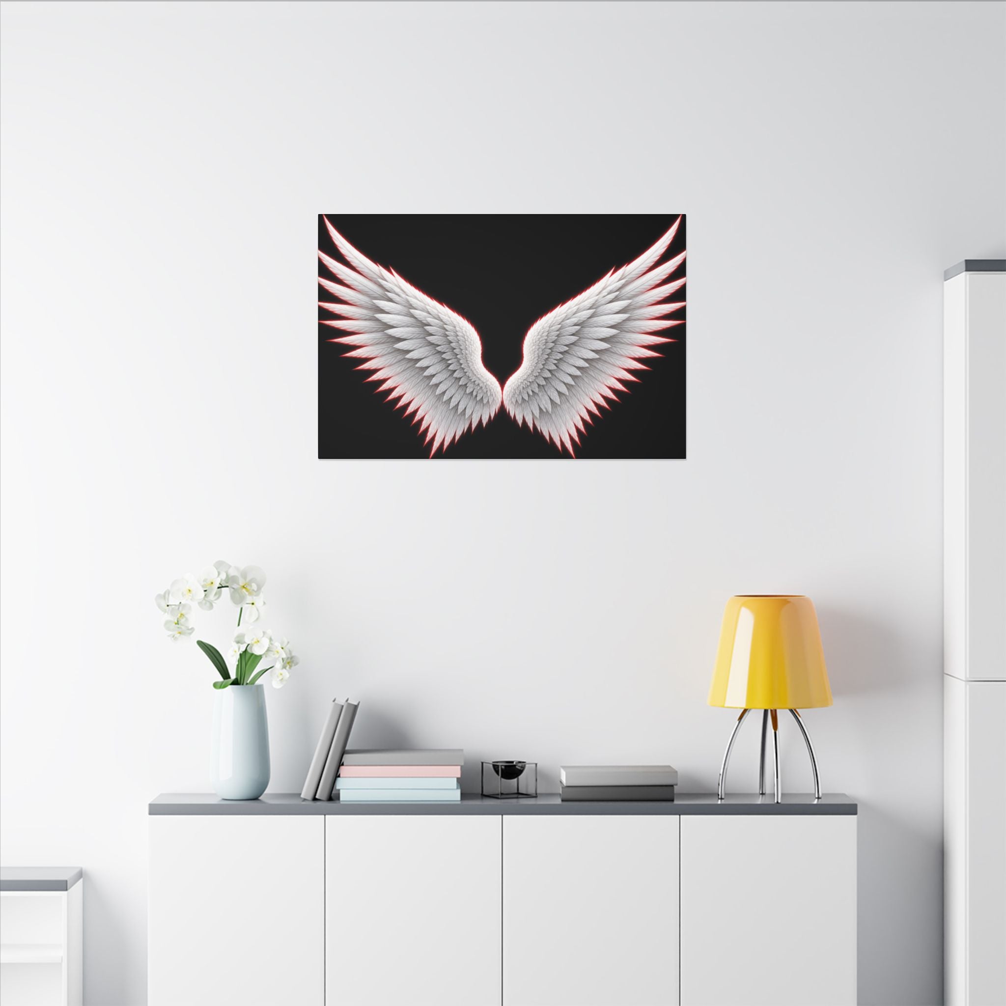 Angel Wings Wall Art Canvas — White Feather Wings on Black Matte Stretched Canvas